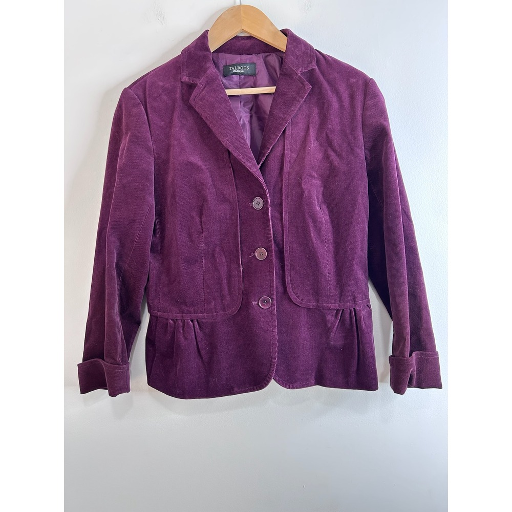 Talbots Womens Purple Corduroy Blazer Jacket Peplum Size 10 Plum Academia Preppy